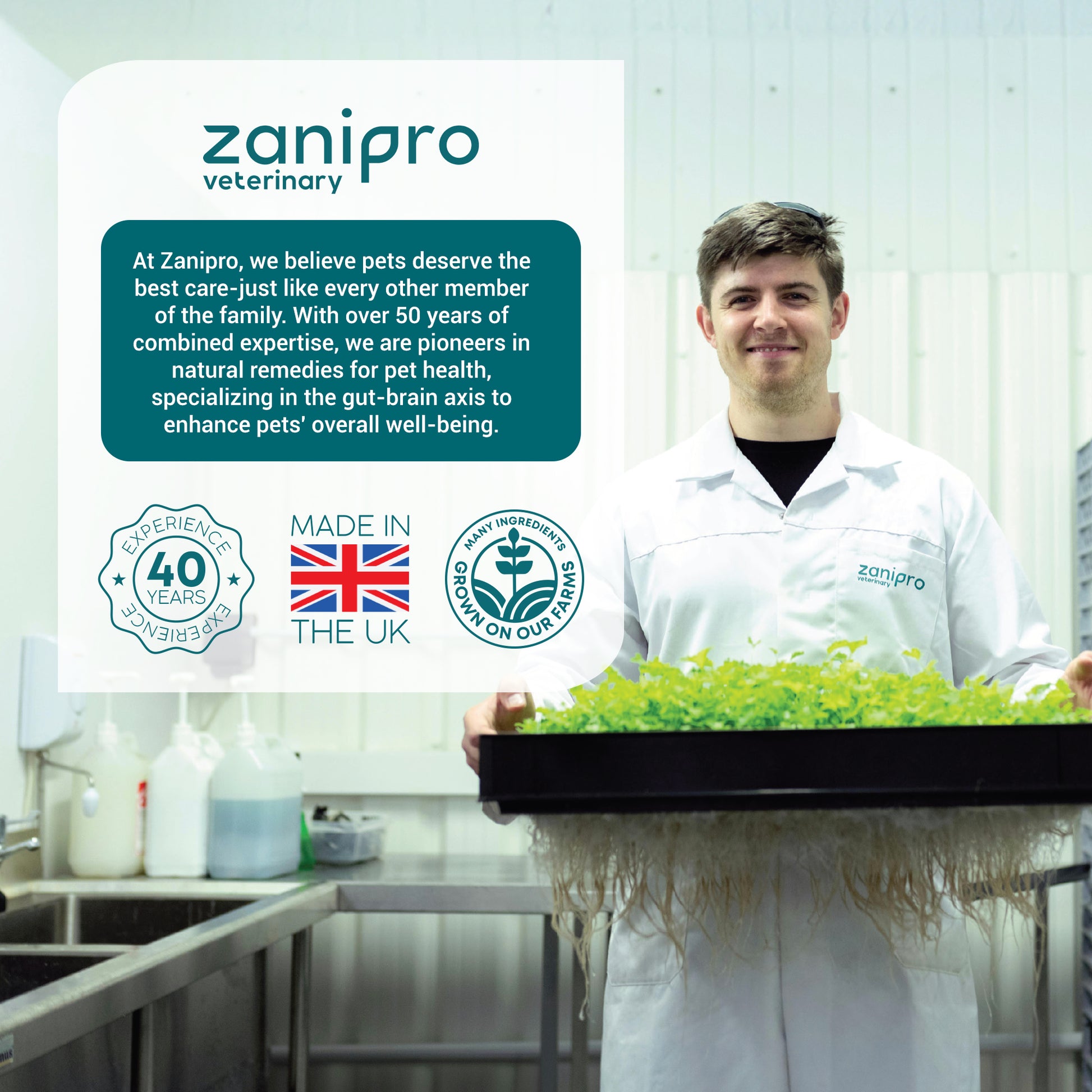Person in a lab holding plants with Zanipro Veterinary branding and text about their expertise.