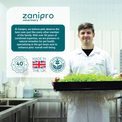 Person in a lab holding plants with Zanipro Veterinary branding and text about their expertise.