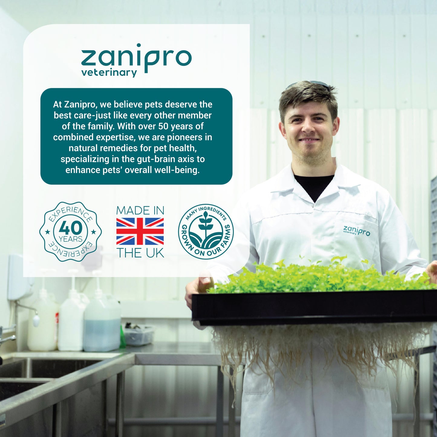 Person in a lab holding a tray with plants, with Zanipro Veterinary branding and text.
